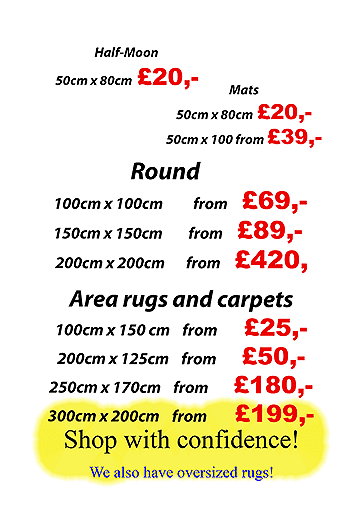 Rug and carpet pricing chart showing sizes and prices